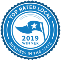 Top Rated Local A blue seal with the words " top rated local business in the state."