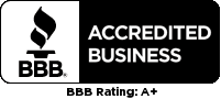 A black and white image of the accredited business logo.